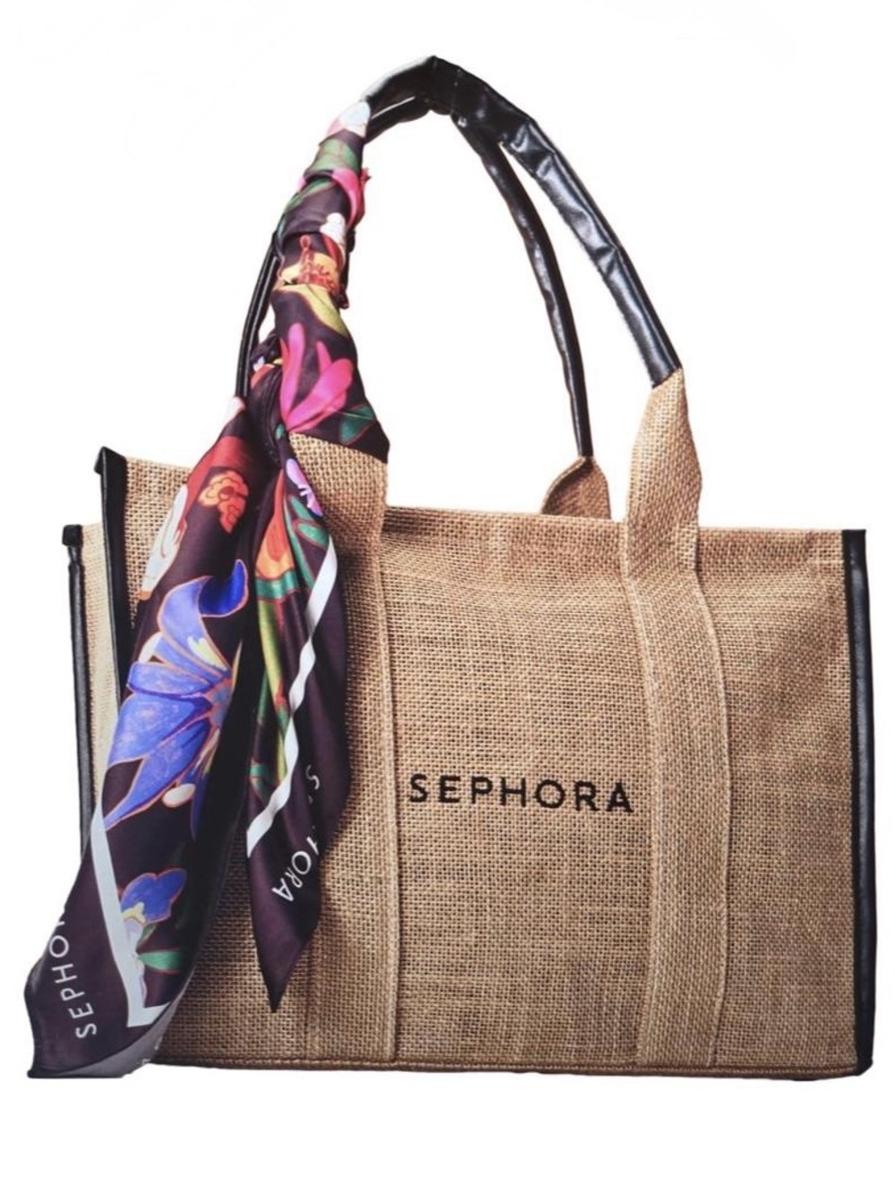 NWT Sephora Natural Jute Tote Bag with Floral Satin Scarf Limited Edition
